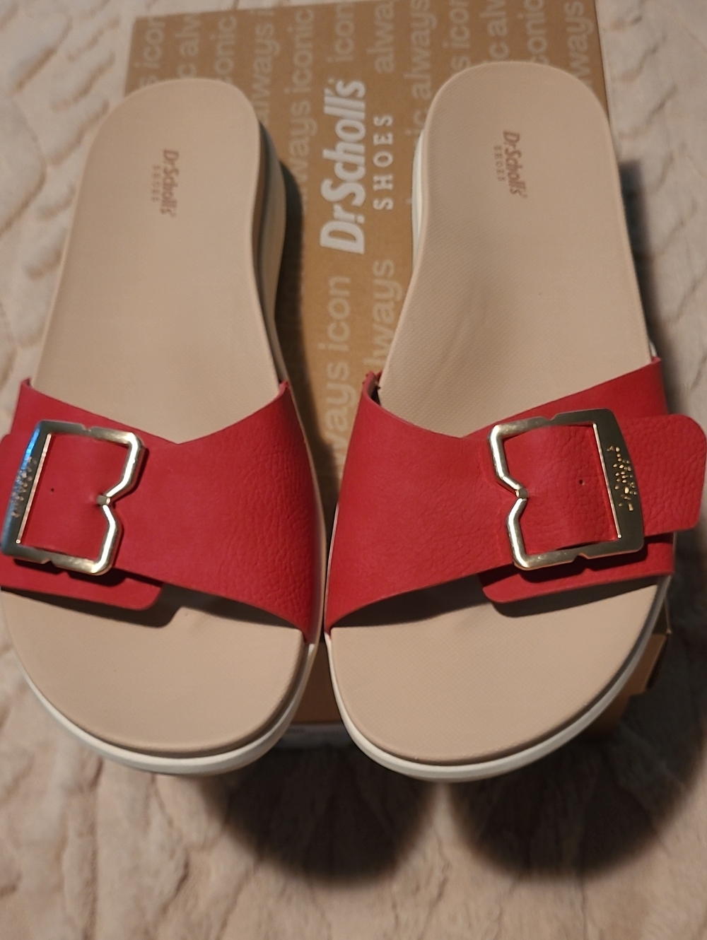 Dr. Scholl's Red Slide Mules with Gold Buckle